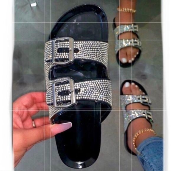 Shoes - Embellished Double Buckle Jelly Sandals in Black